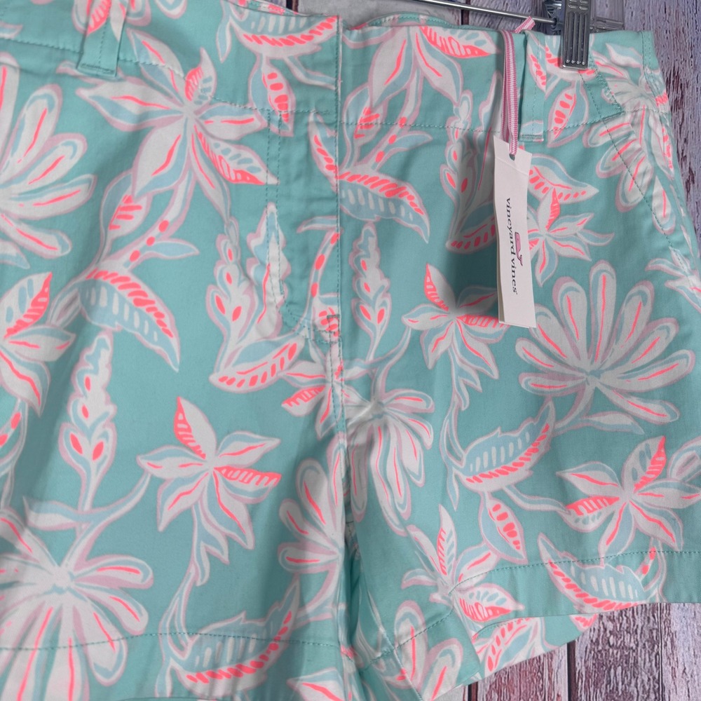 Vineyard Vines Womens Aqua Floral Chino Shorts Pink Cay Teal Size 8 NWT Tropical - Picture 2 of 7